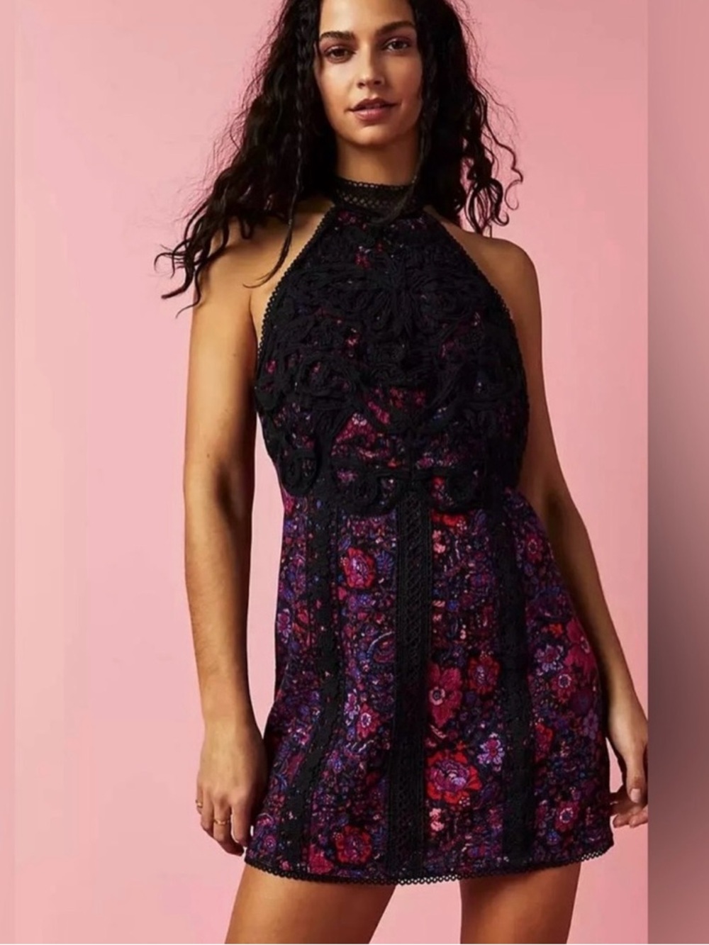 Free People Black Crochet Halter Floral Mini Dress - Red & Purple